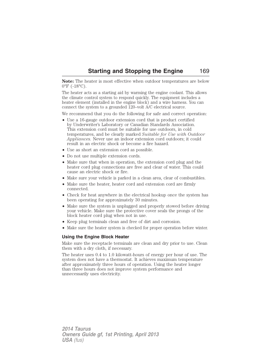 Using the engine block heater, Starting and stopping the engine 169 | FORD 2014 Taurus v.1 User Manual | Page 170 / 550