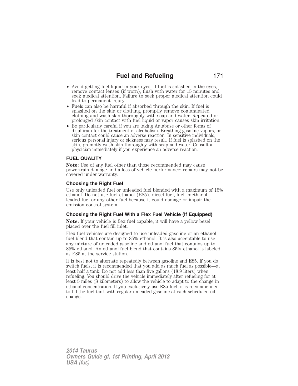 Fuel quality, Choosing the right fuel, Fuel and refueling 171 | FORD 2014 Taurus v.1 User Manual | Page 172 / 550