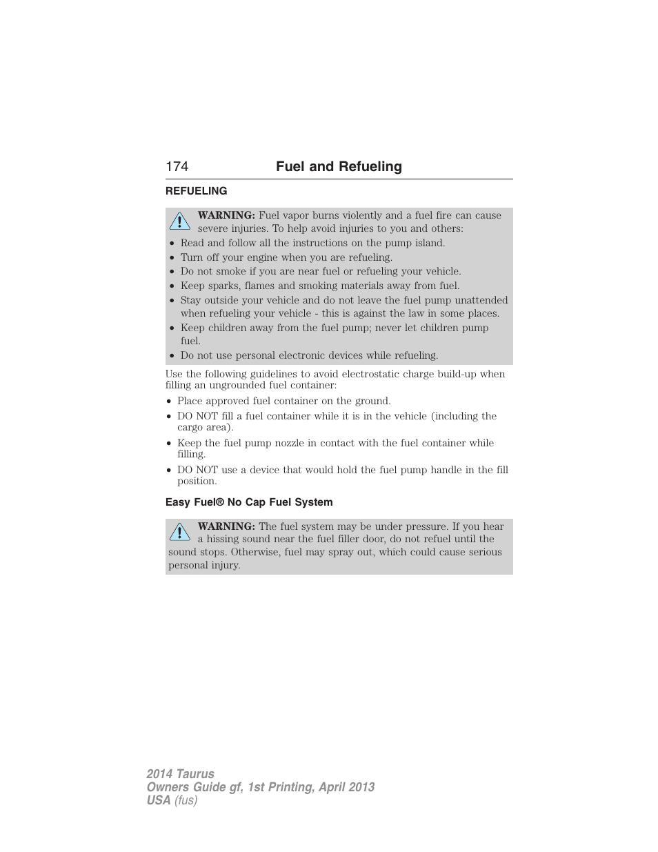 Refueling, Easy fuel® no cap fuel system, 174 fuel and refueling | FORD 2014 Taurus v.1 User Manual | Page 175 / 550