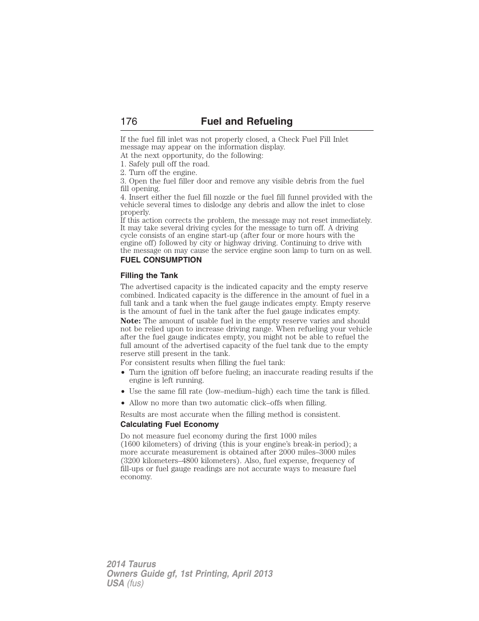 Fuel consumption, Filling the tank, Calculating fuel economy | 176 fuel and refueling | FORD 2014 Taurus v.1 User Manual | Page 177 / 550