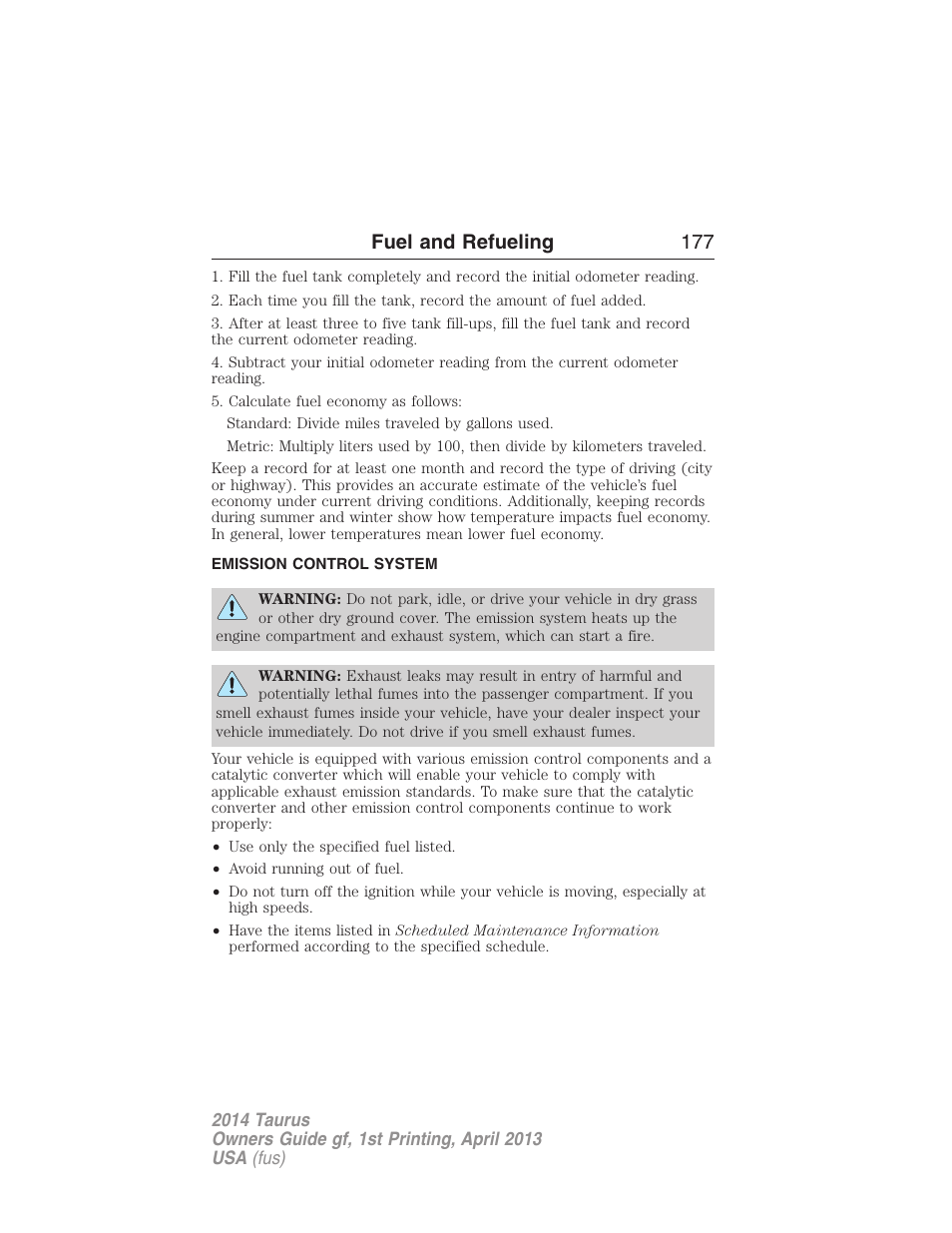 Emission control system, Fuel and refueling 177 | FORD 2014 Taurus v.1 User Manual | Page 178 / 550
