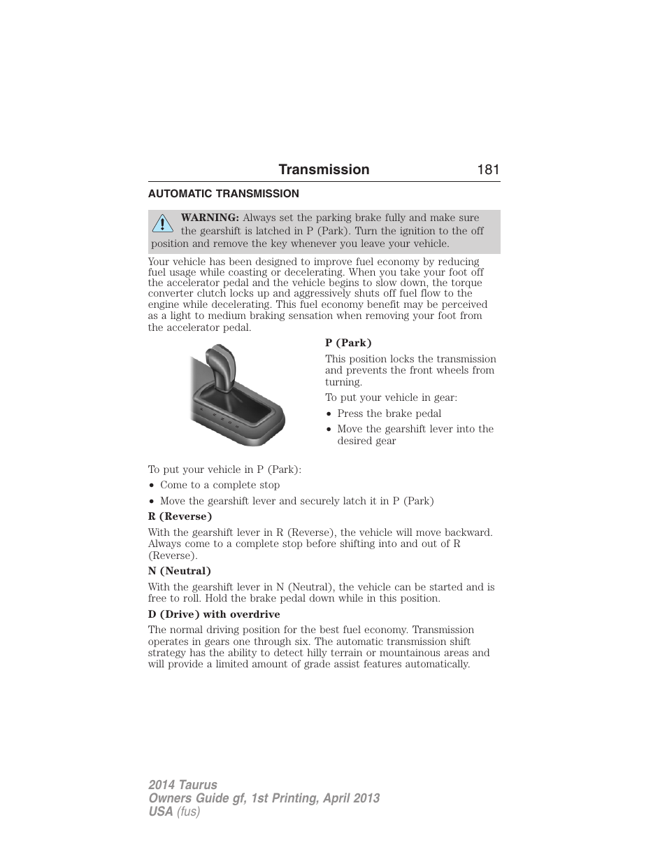 Transmission, Automatic transmission, Transmission 181 | FORD 2014 Taurus v.1 User Manual | Page 182 / 550