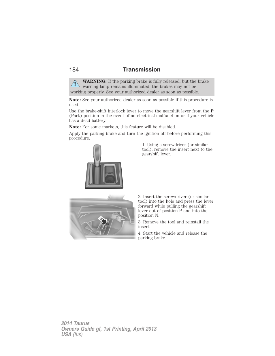 184 transmission | FORD 2014 Taurus v.1 User Manual | Page 185 / 550