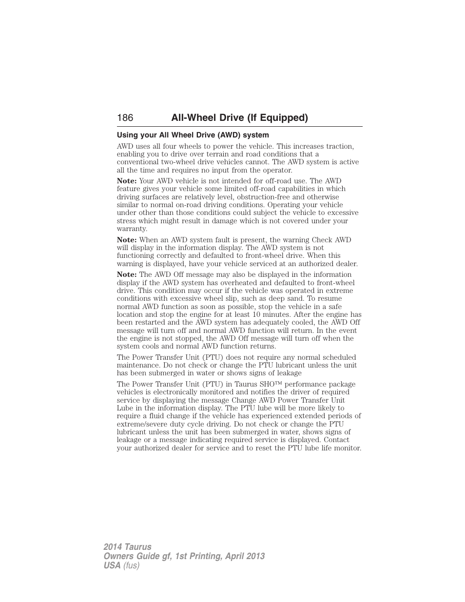 All-wheel drive (if equipped), Using your all wheel drive (awd) system, All wheel drive | 186 all-wheel drive (if equipped) | FORD 2014 Taurus v.1 User Manual | Page 187 / 550