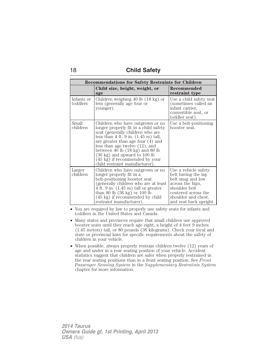 18 child safety | FORD 2014 Taurus v.1 User Manual | Page 19 / 550