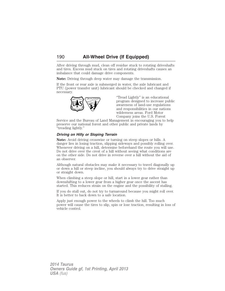 Driving on hilly or sloping terrain, 190 all-wheel drive (if equipped) | FORD 2014 Taurus v.1 User Manual | Page 191 / 550
