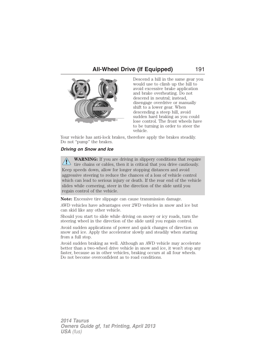 Driving on snow and ice, All-wheel drive (if equipped) 191 | FORD 2014 Taurus v.1 User Manual | Page 192 / 550