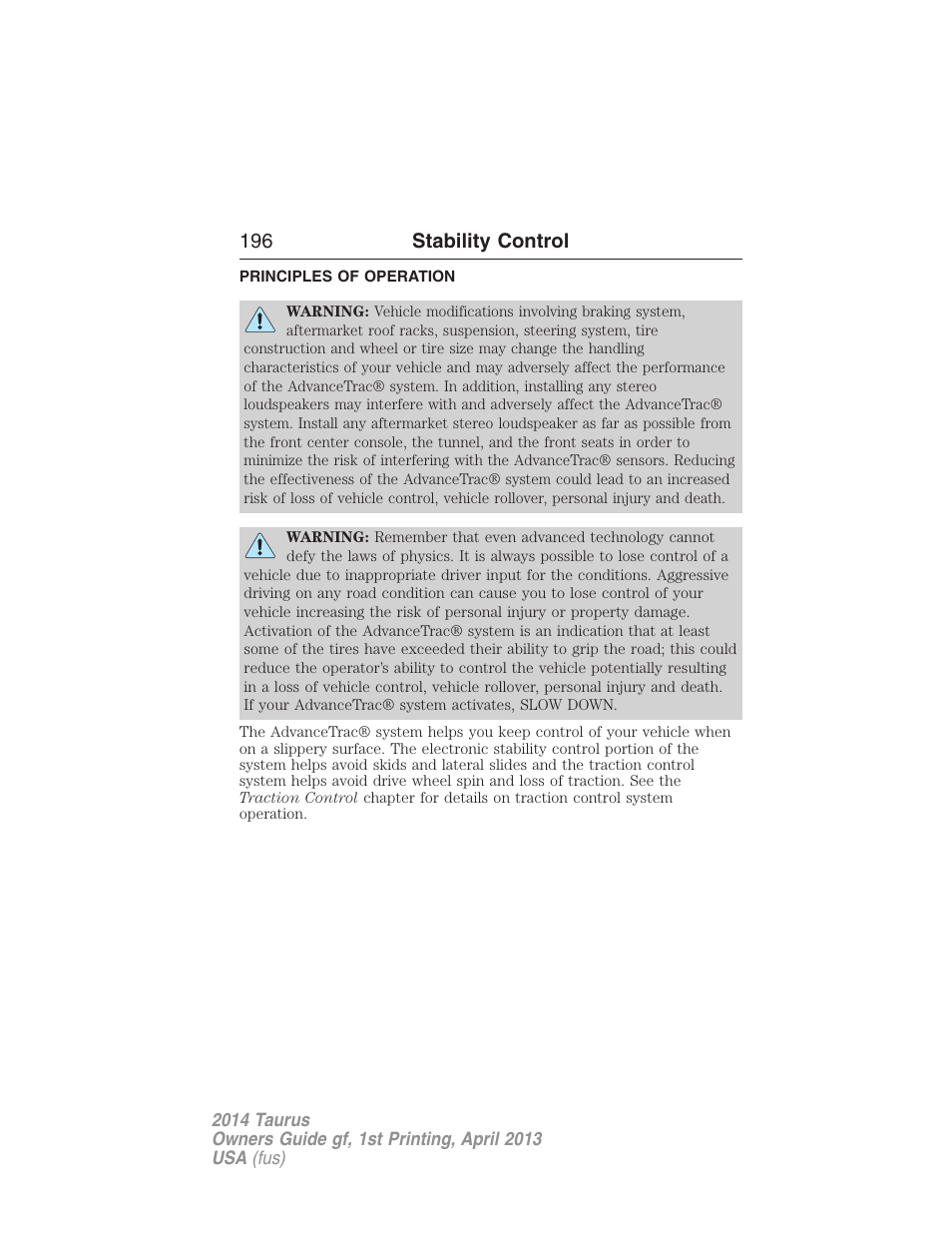 Stability control, Principles of operation, Advancetrac | 196 stability control | FORD 2014 Taurus v.1 User Manual | Page 197 / 550