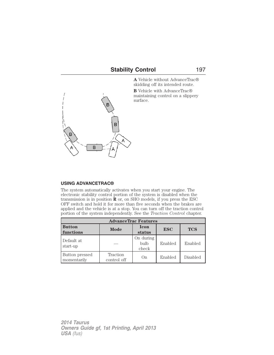 Using advancetrac, Stability control 197 | FORD 2014 Taurus v.1 User Manual | Page 198 / 550