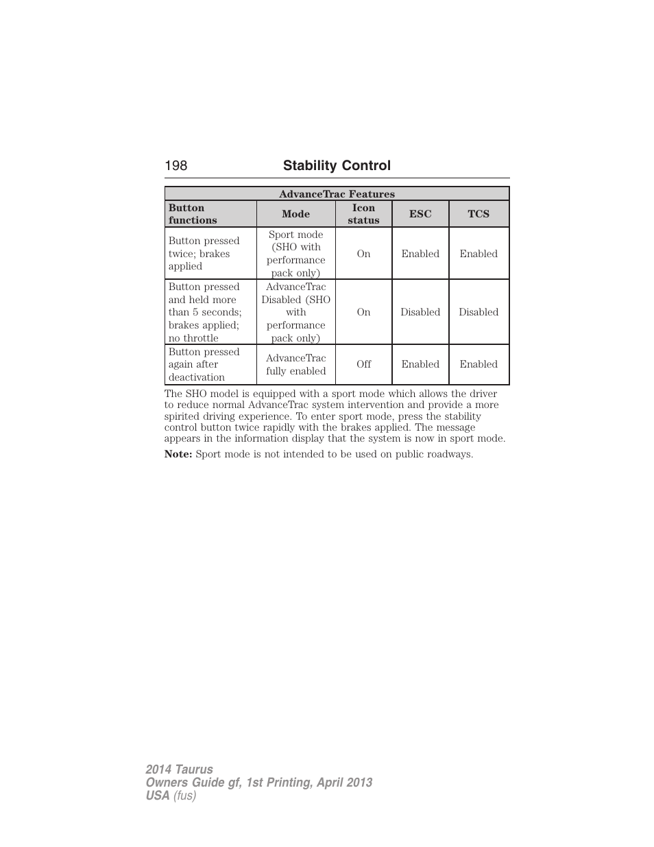 198 stability control | FORD 2014 Taurus v.1 User Manual | Page 199 / 550