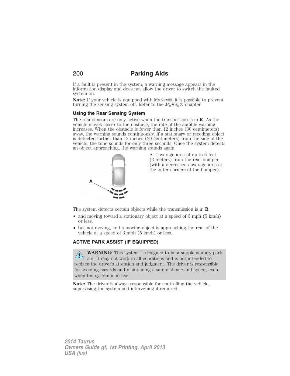 Using the rear sensing system, Active park assist (if equipped), Active park assist | 200 parking aids | FORD 2014 Taurus v.1 User Manual | Page 201 / 550