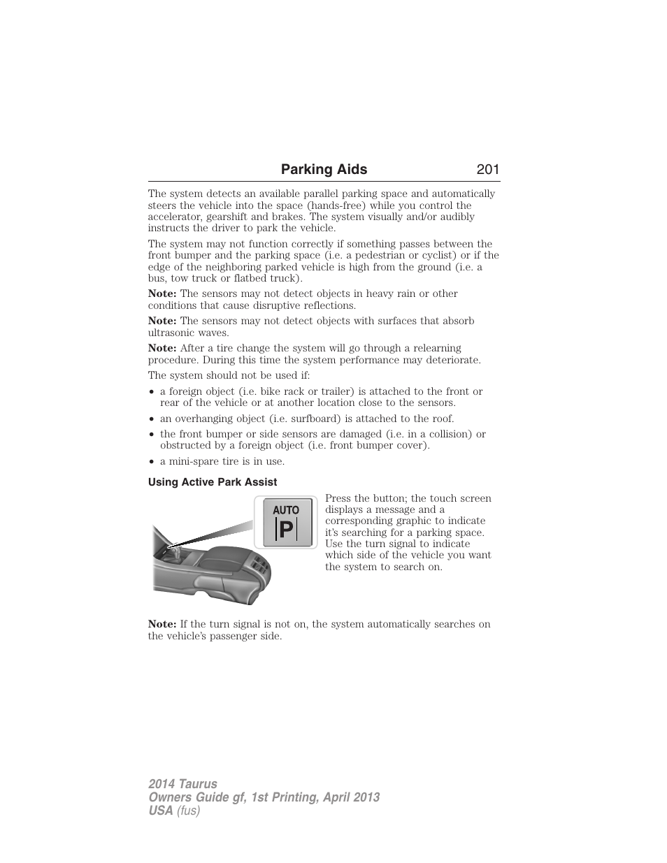 Using active park assist, Parking aids 201 | FORD 2014 Taurus v.1 User Manual | Page 202 / 550