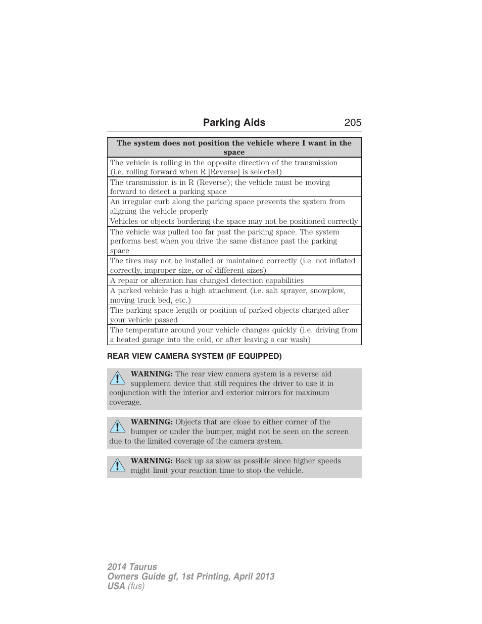 Rear view camera system (if equipped), Rear-view camera system, Parking aids 205 | FORD 2014 Taurus v.1 User Manual | Page 206 / 550