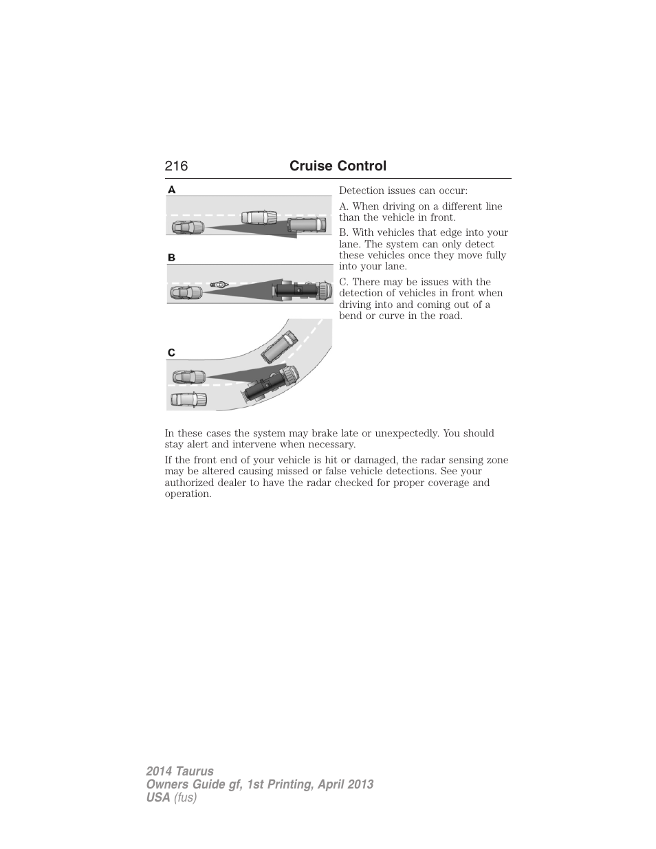 216 cruise control | FORD 2014 Taurus v.1 User Manual | Page 217 / 550