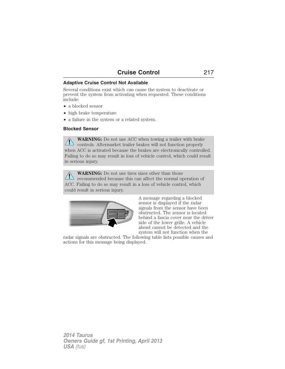 Adaptive cruise control not available, Blocked sensor, Cruise control 217 | FORD 2014 Taurus v.1 User Manual | Page 218 / 550