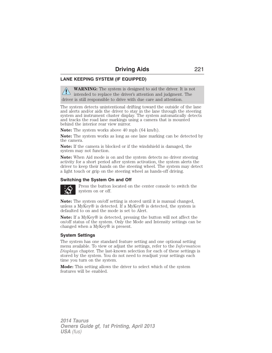 Lane keeping system (if equipped), Switching the system on and off, System settings | Lane keeping system, Driving aids 221 | FORD 2014 Taurus v.1 User Manual | Page 222 / 550