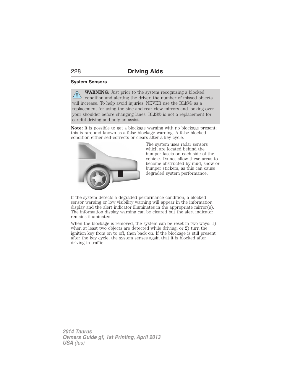 System sensors, 228 driving aids | FORD 2014 Taurus v.1 User Manual | Page 229 / 550