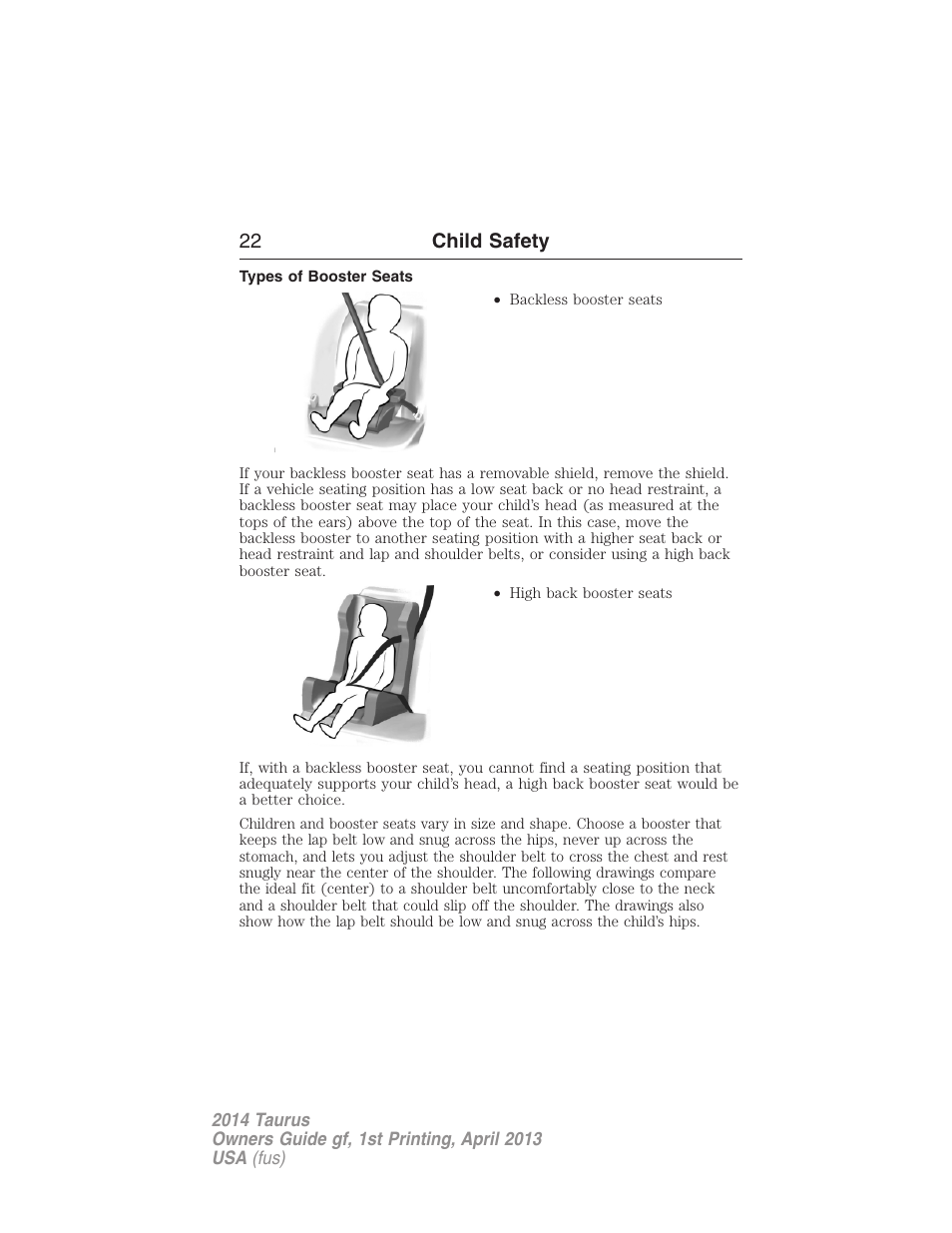 Types of booster seats, 22 child safety | FORD 2014 Taurus v.1 User Manual | Page 23 / 550