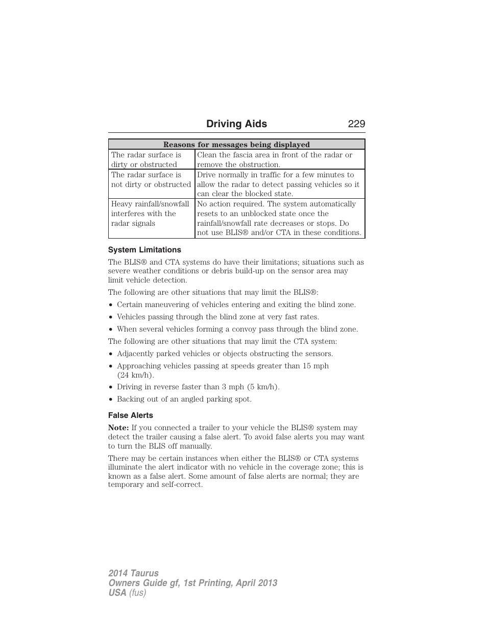 System limitations, False alerts, Driving aids 229 | FORD 2014 Taurus v.1 User Manual | Page 230 / 550