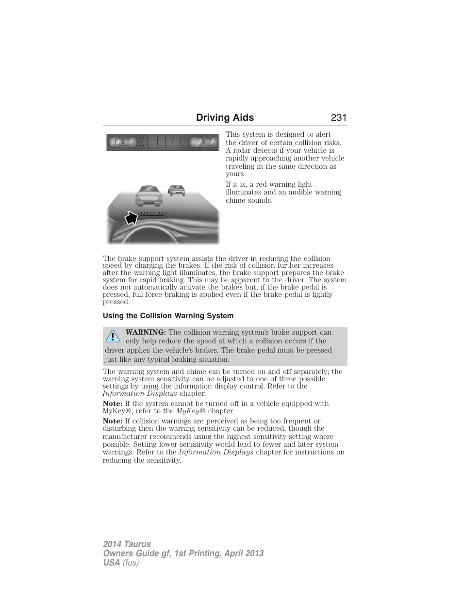 Using the collision warning system, Driving aids 231 | FORD 2014 Taurus v.1 User Manual | Page 232 / 550