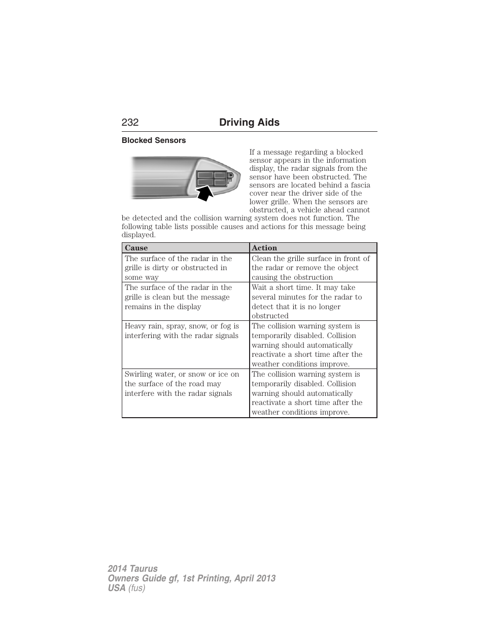 Blocked sensors, 232 driving aids | FORD 2014 Taurus v.1 User Manual | Page 233 / 550