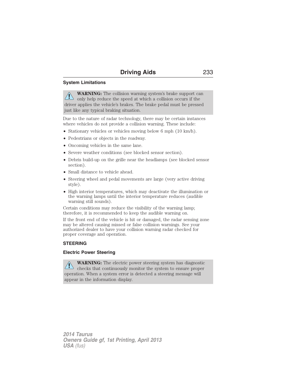 System limitations, Steering, Electric power steering | Driving aids 233 | FORD 2014 Taurus v.1 User Manual | Page 234 / 550