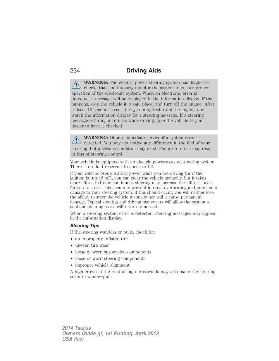 Steering tips, 234 driving aids | FORD 2014 Taurus v.1 User Manual | Page 235 / 550