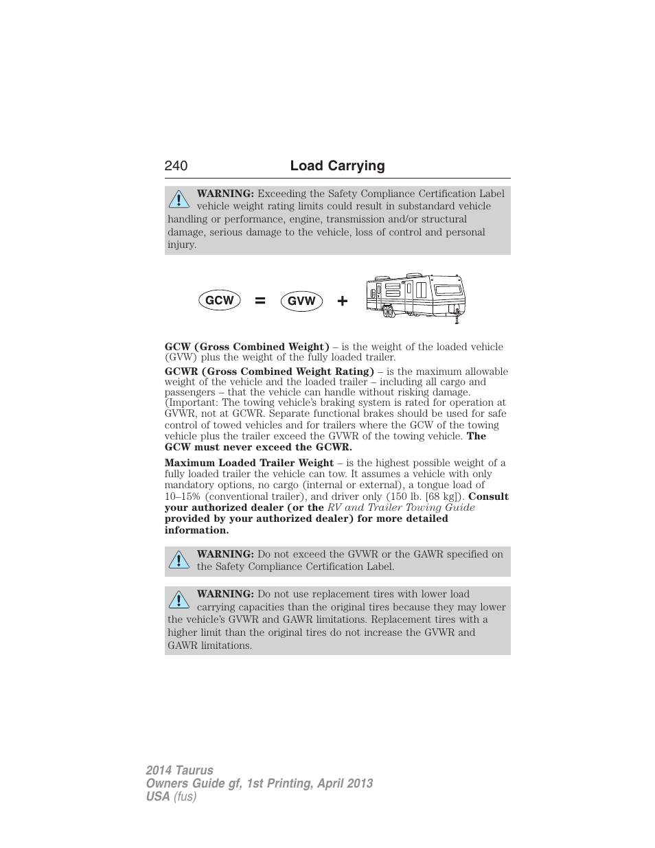 240 load carrying | FORD 2014 Taurus v.1 User Manual | Page 241 / 550