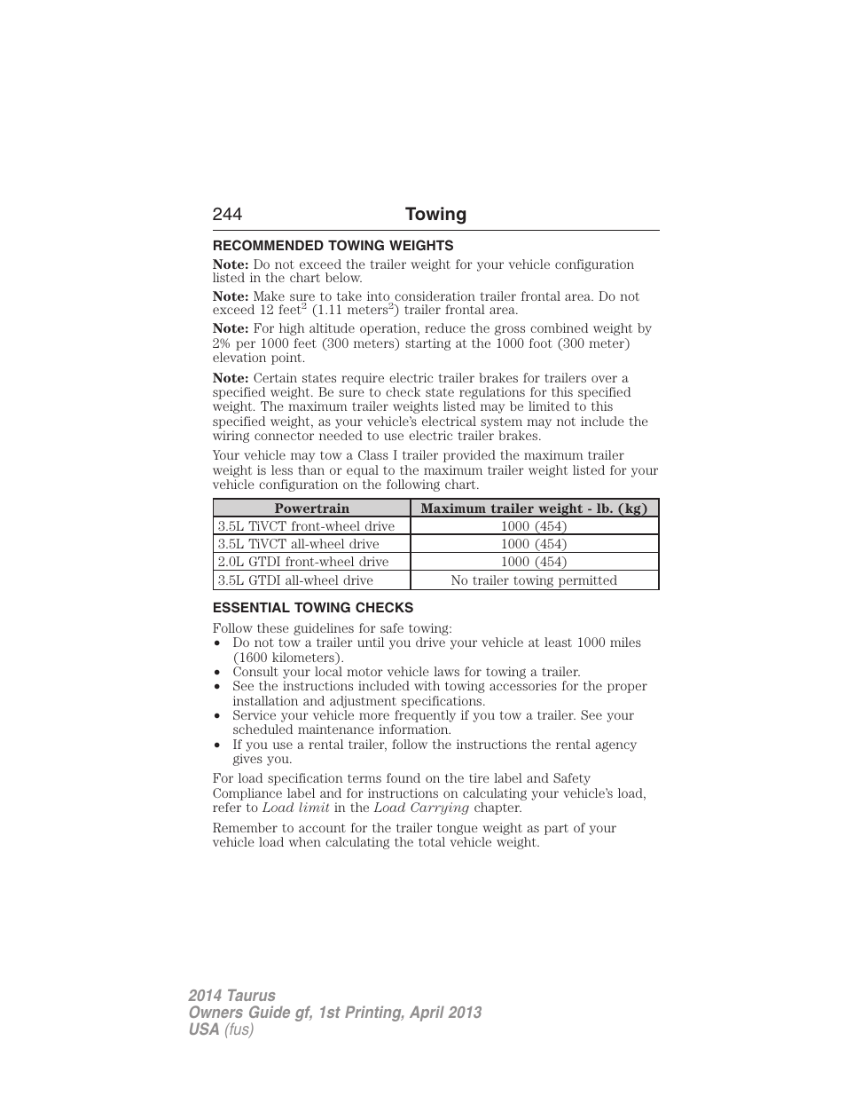 Recommended towing weights, Essential towing checks, 244 towing | FORD 2014 Taurus v.1 User Manual | Page 245 / 550