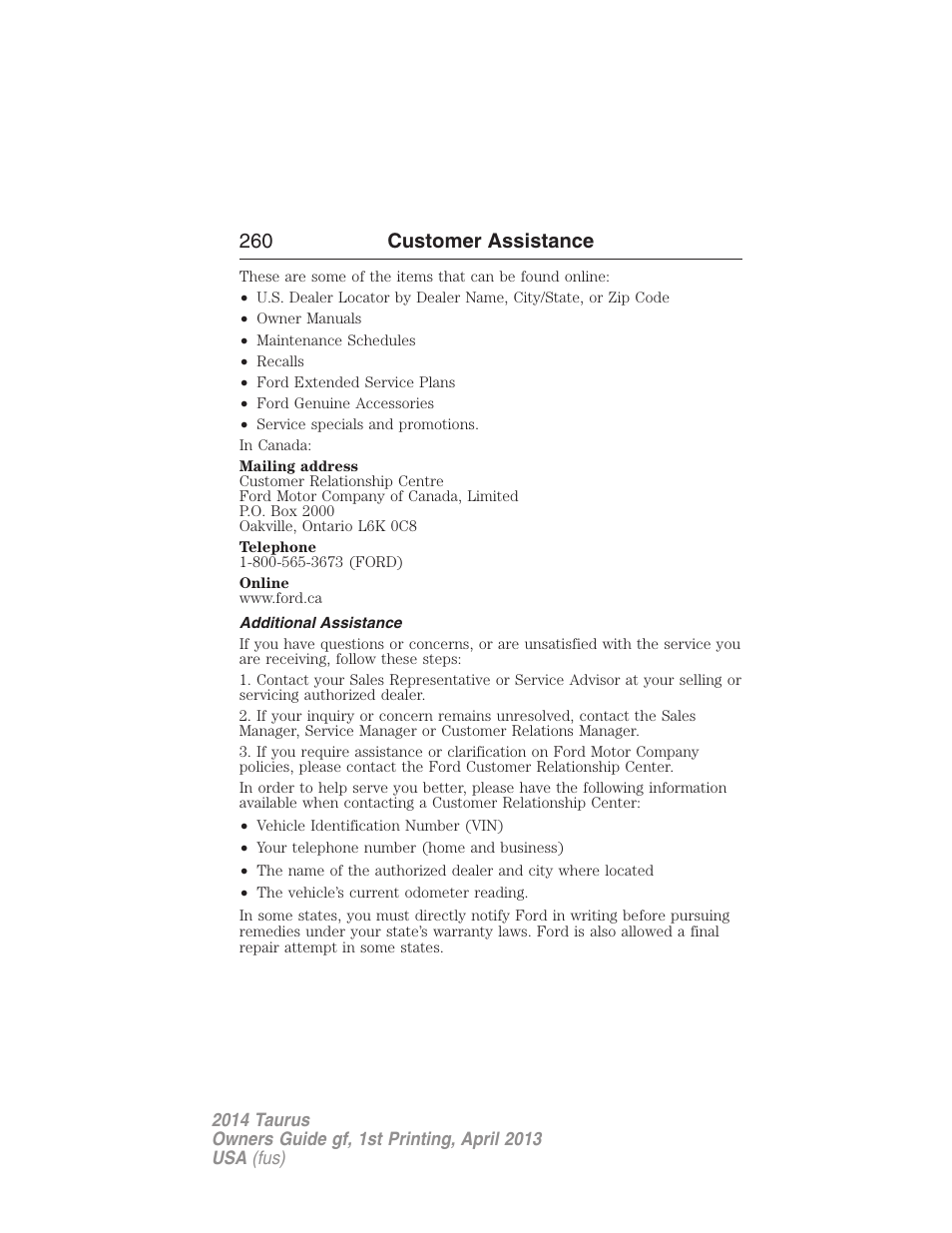 Additional assistance, 260 customer assistance | FORD 2014 Taurus v.1 User Manual | Page 261 / 550