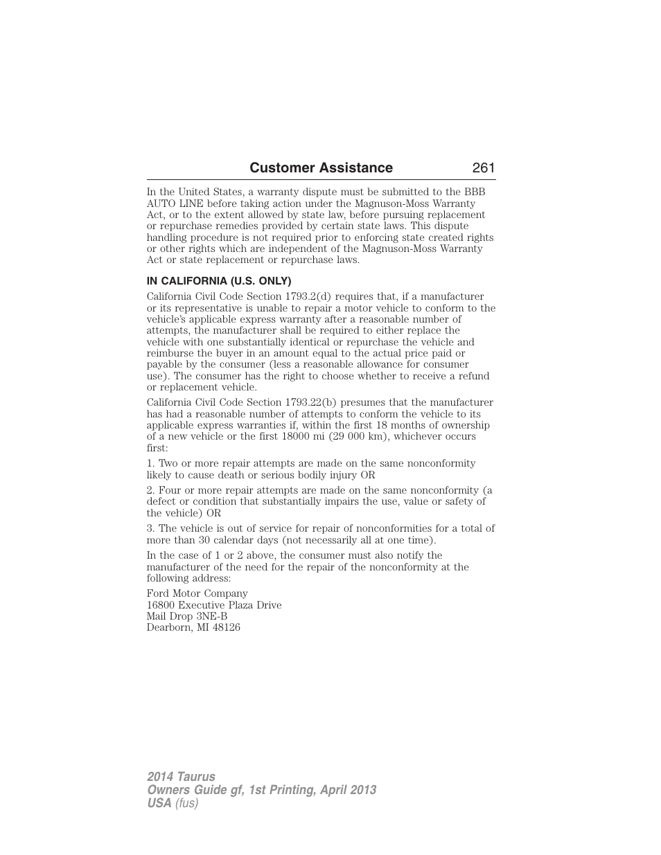 In california (u.s. only), Customer assistance 261 | FORD 2014 Taurus v.1 User Manual | Page 262 / 550