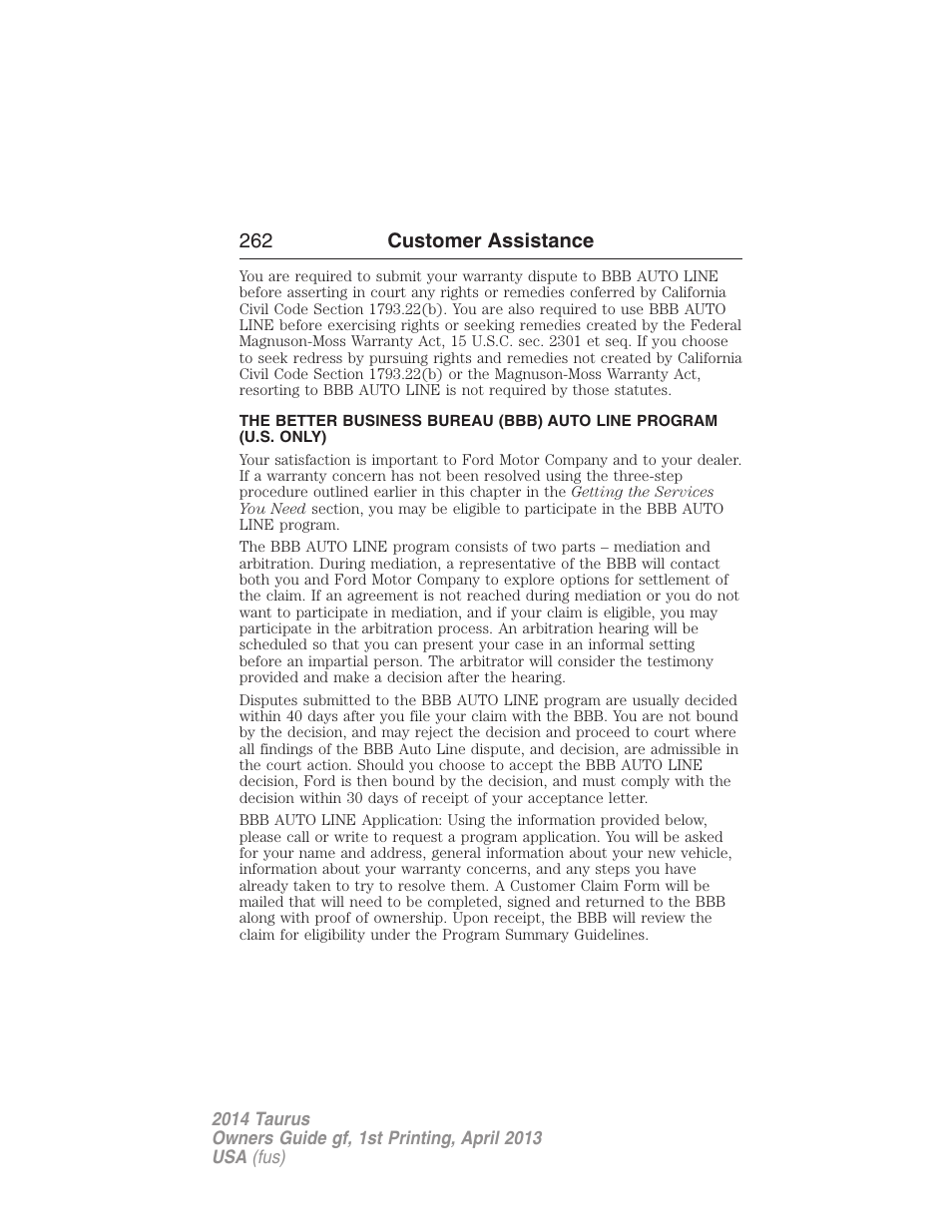 262 customer assistance | FORD 2014 Taurus v.1 User Manual | Page 263 / 550