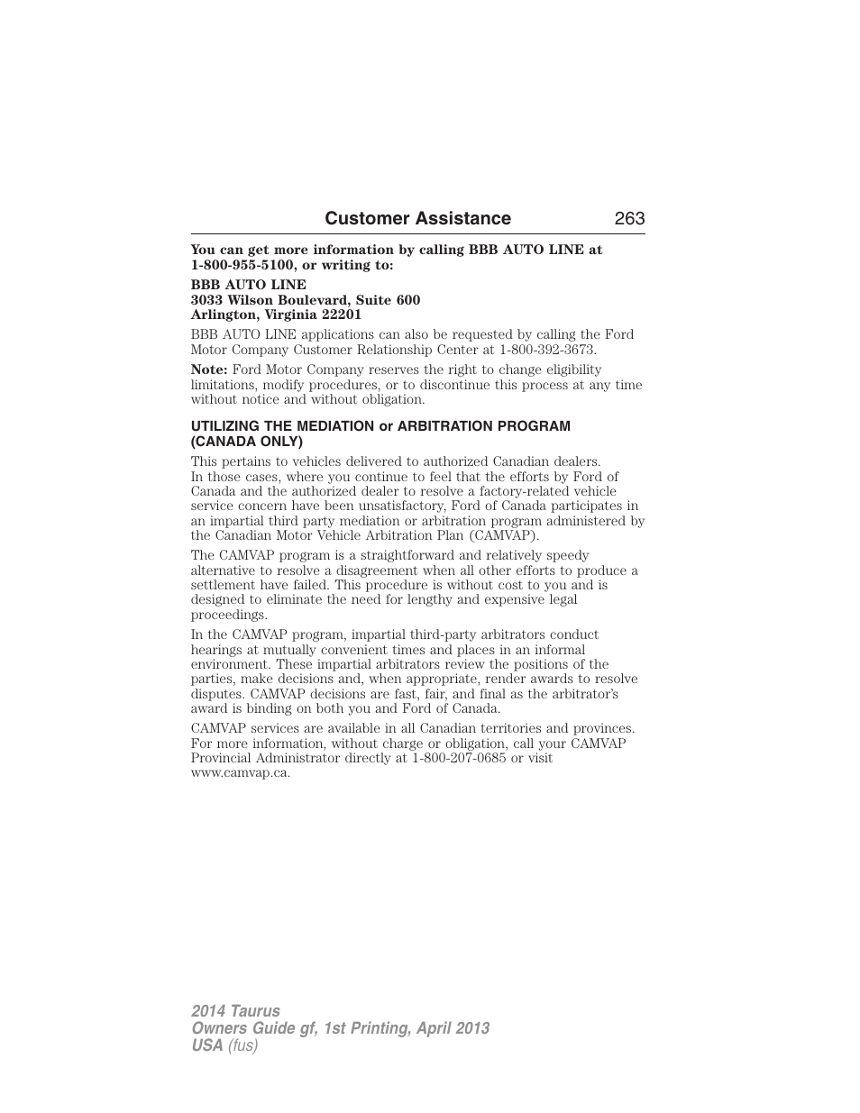 Customer assistance 263 | FORD 2014 Taurus v.1 User Manual | Page 264 / 550