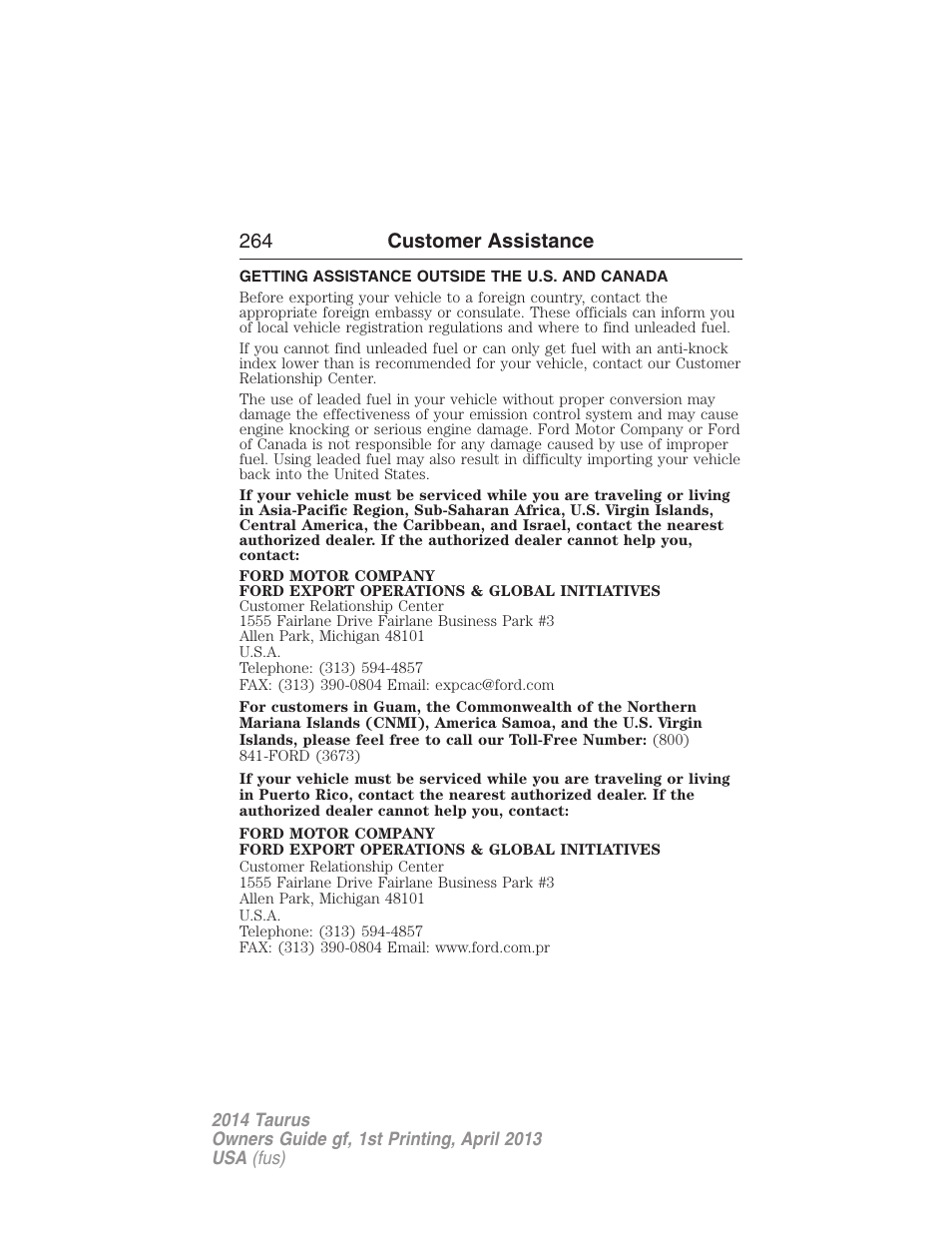 Getting assistance outside the u.s. and canada, 264 customer assistance | FORD 2014 Taurus v.1 User Manual | Page 265 / 550