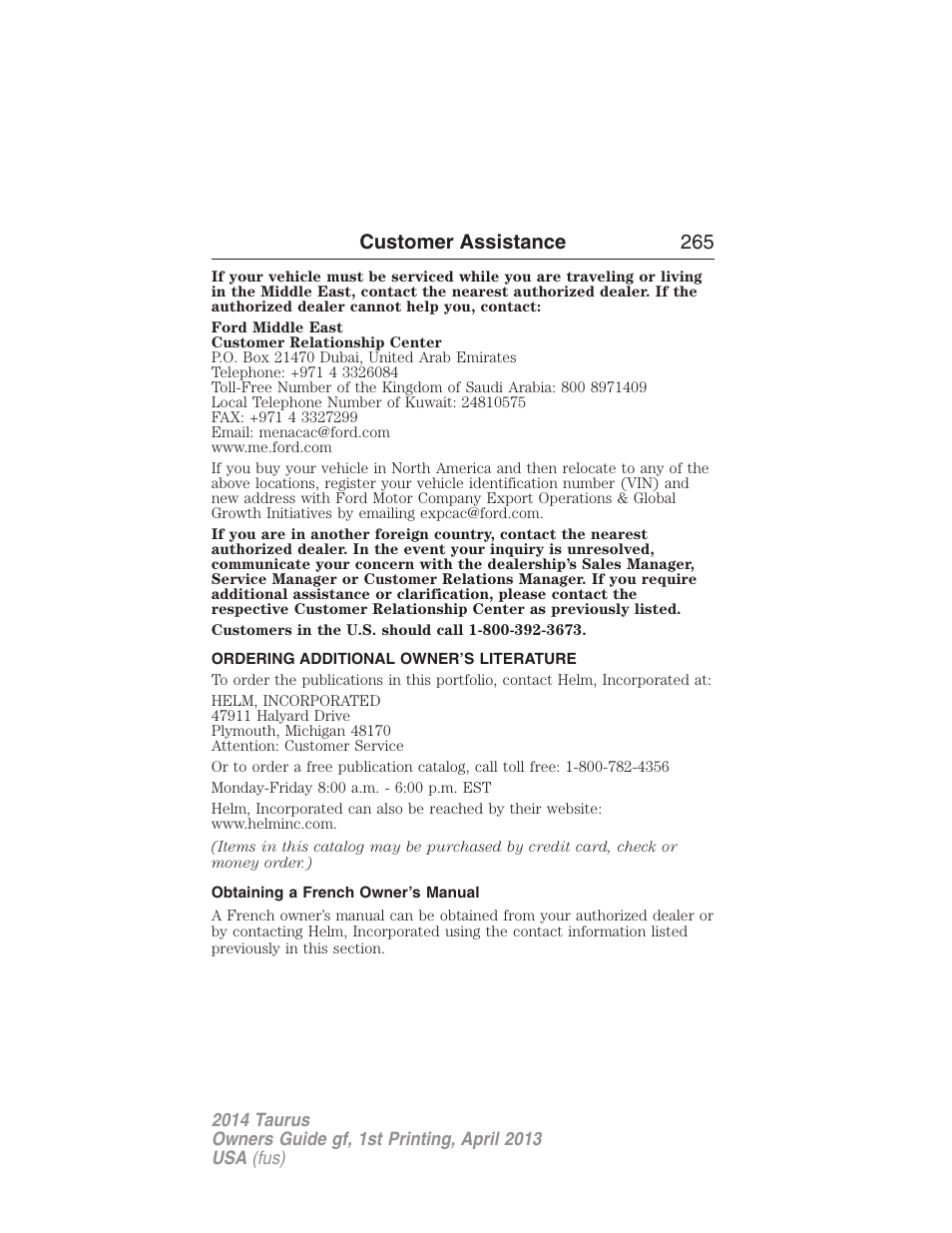 Ordering additional owner’s literature, Obtaining a french owner’s manual, Customer assistance 265 | FORD 2014 Taurus v.1 User Manual | Page 266 / 550