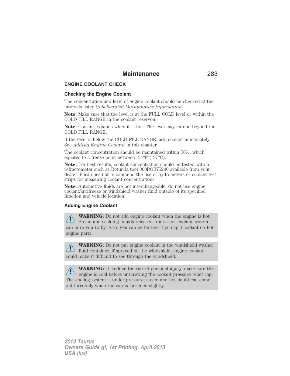 Engine coolant check, Checking the engine coolant, Adding engine coolant | Maintenance 283 | FORD 2014 Taurus v.1 User Manual | Page 284 / 550