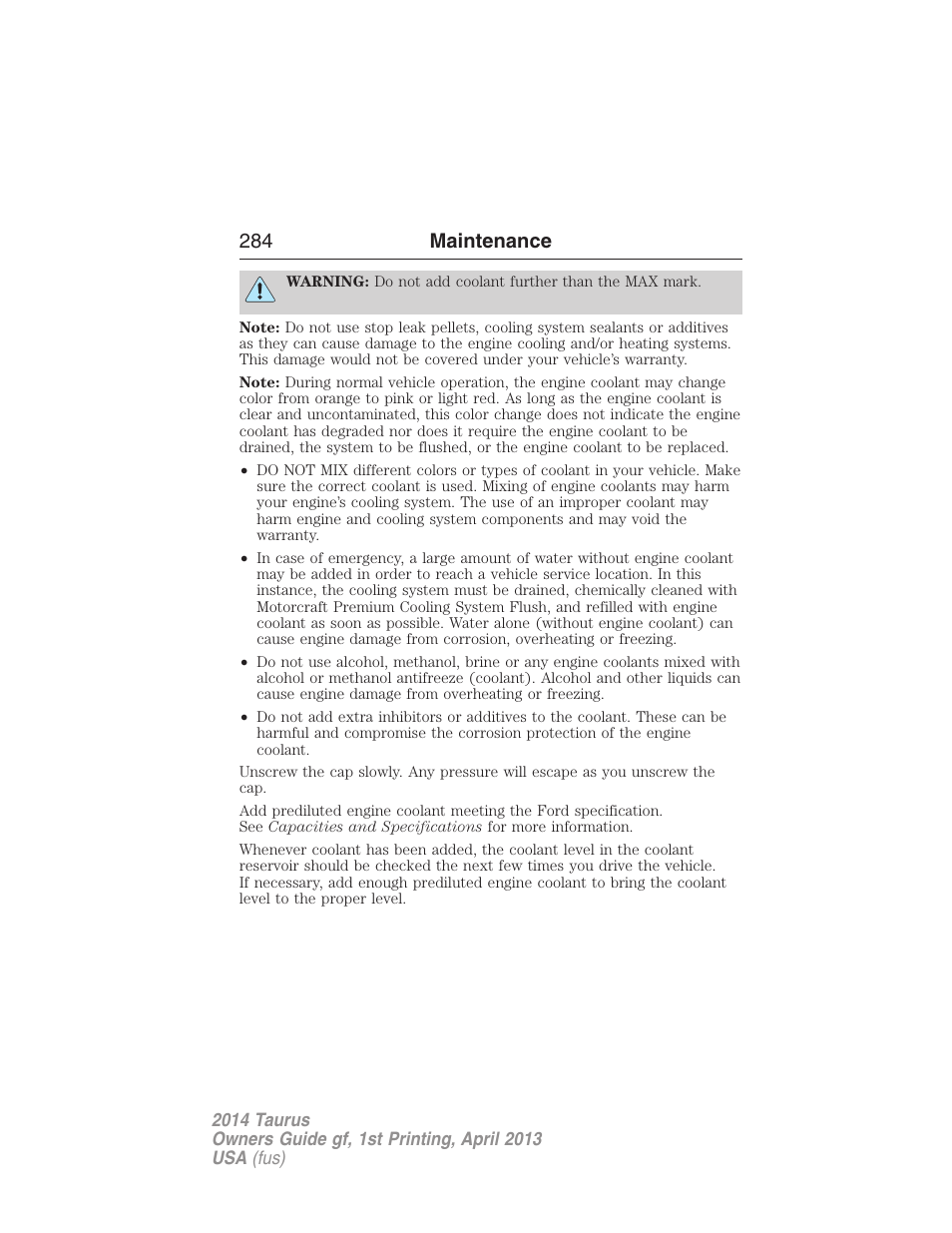 284 maintenance | FORD 2014 Taurus v.1 User Manual | Page 285 / 550