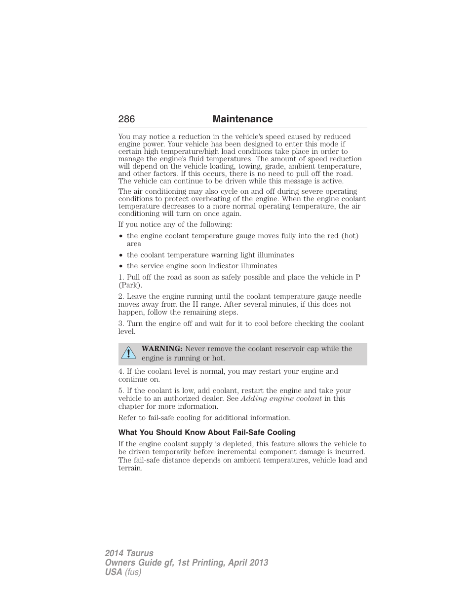 What you should know about fail-safe cooling, 286 maintenance | FORD 2014 Taurus v.1 User Manual | Page 287 / 550