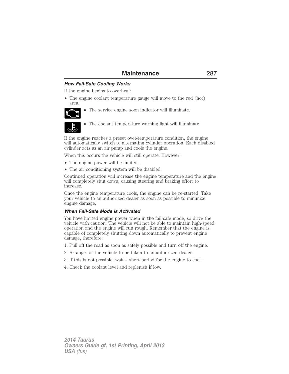 How fail-safe cooling works, When fail-safe mode is activated, Maintenance 287 | FORD 2014 Taurus v.1 User Manual | Page 288 / 550