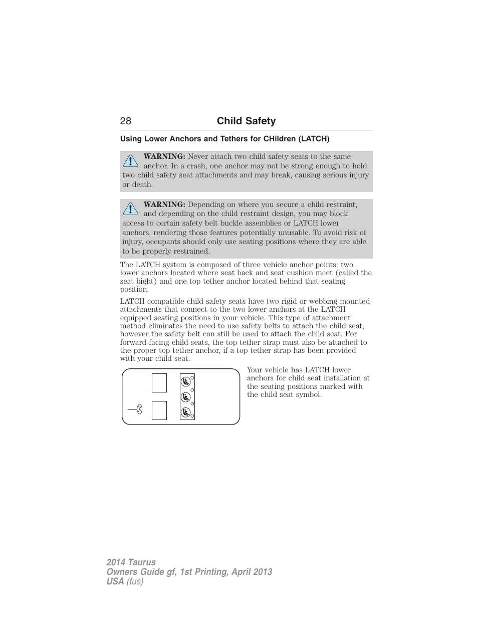 28 child safety | FORD 2014 Taurus v.1 User Manual | Page 29 / 550