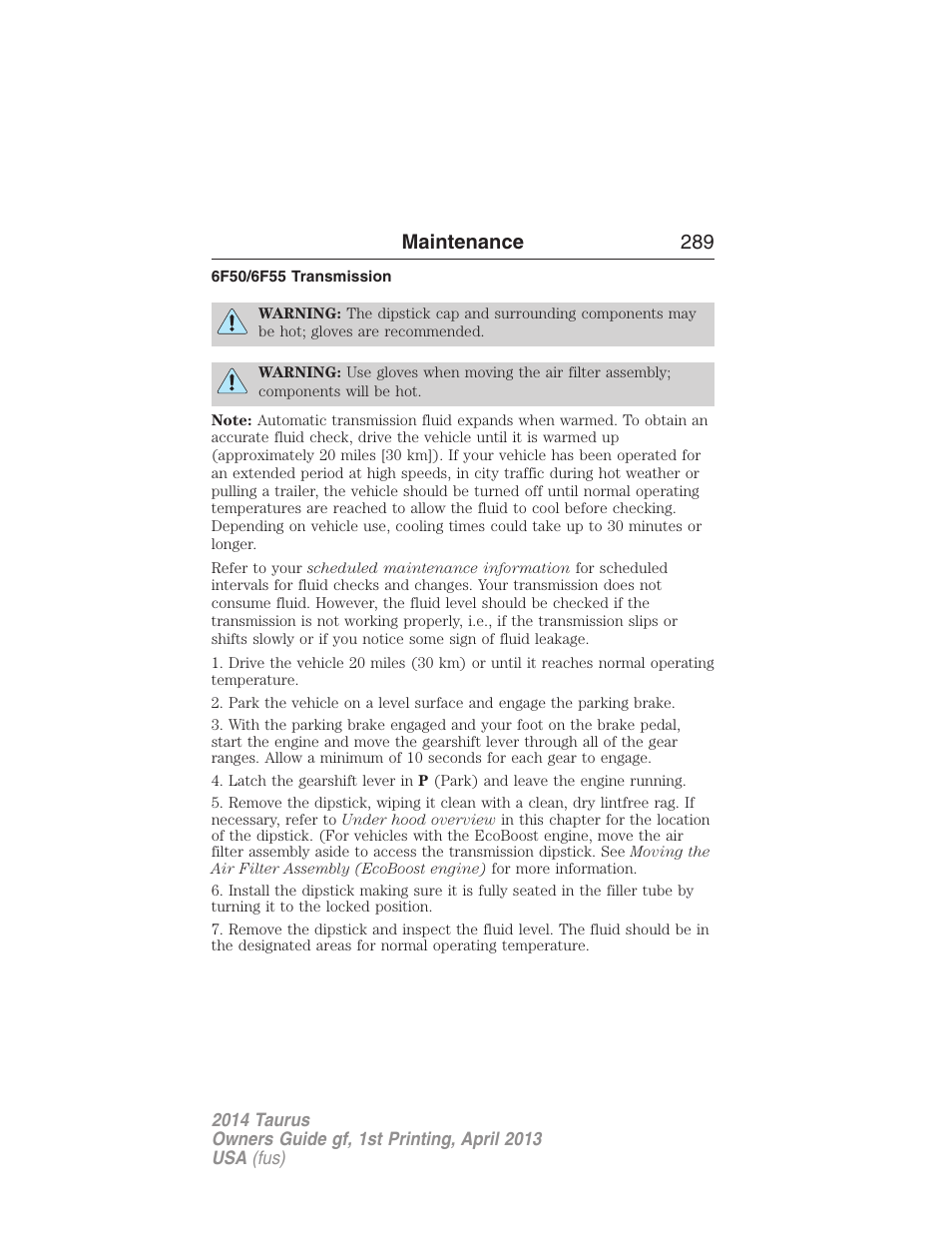 6f50/6f55 transmission, Maintenance 289 | FORD 2014 Taurus v.1 User Manual | Page 290 / 550