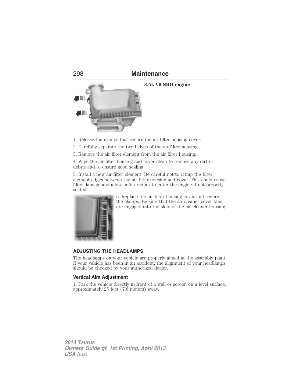 Adjusting the headlamps, Vertical aim adjustment, 298 maintenance | FORD 2014 Taurus v.1 User Manual | Page 299 / 550