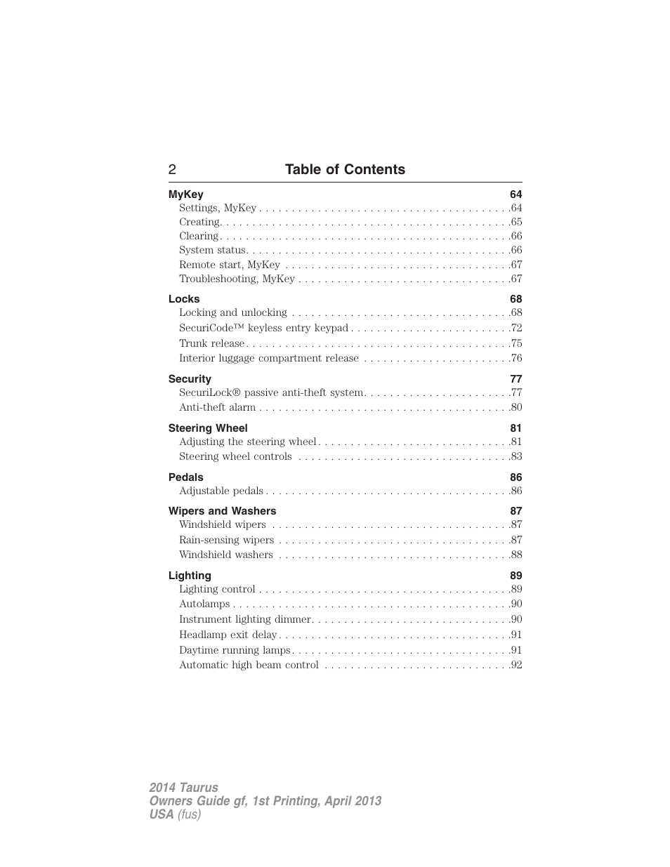 2table of contents | FORD 2014 Taurus v.1 User Manual | Page 3 / 550