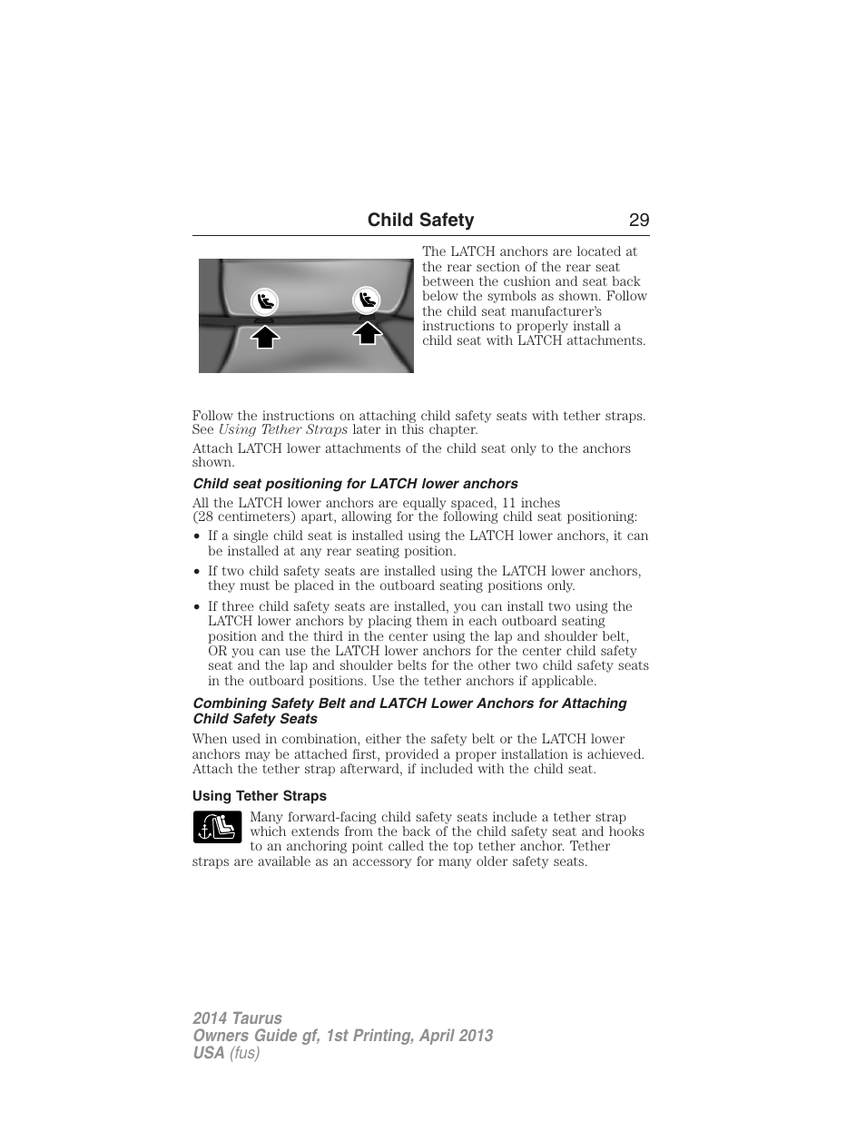 Child seat positioning for latch lower anchors, Using tether straps, Child safety 29 | FORD 2014 Taurus v.1 User Manual | Page 30 / 550