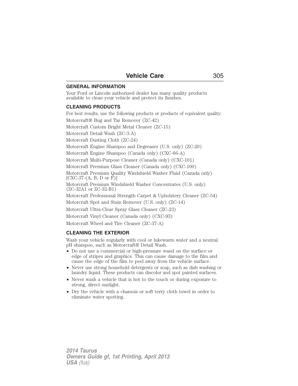 Vehicle care, General information, Cleaning products | Cleaning the exterior, Vehicle care 305 | FORD 2014 Taurus v.1 User Manual | Page 306 / 550