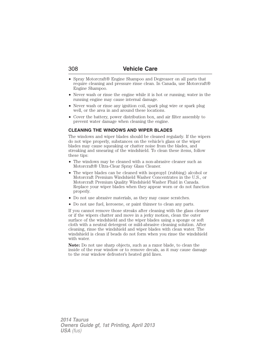 Cleaning the windows and wiper blades, 308 vehicle care | FORD 2014 Taurus v.1 User Manual | Page 309 / 550