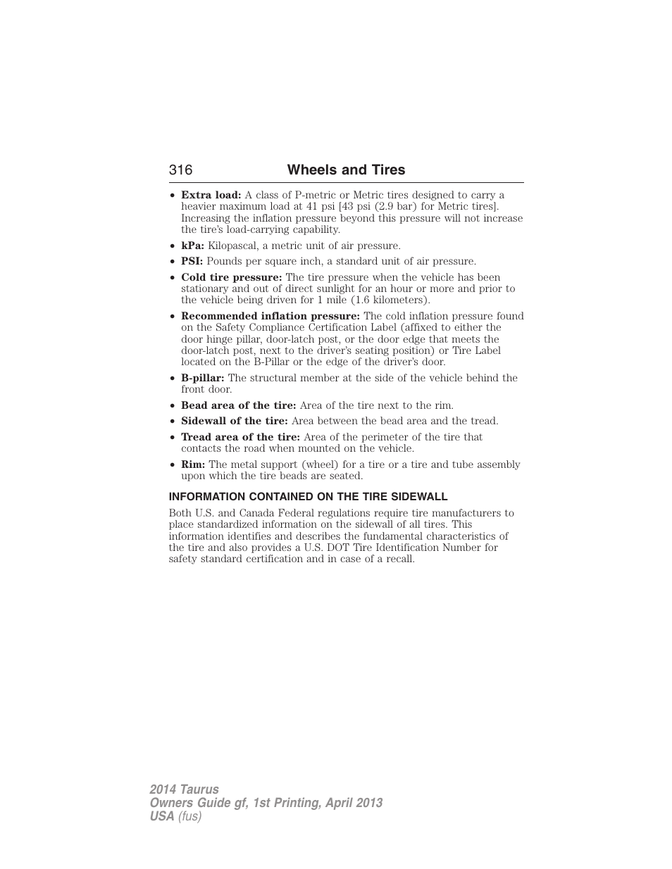 Information contained on the tire sidewall, 316 wheels and tires | FORD 2014 Taurus v.1 User Manual | Page 317 / 550