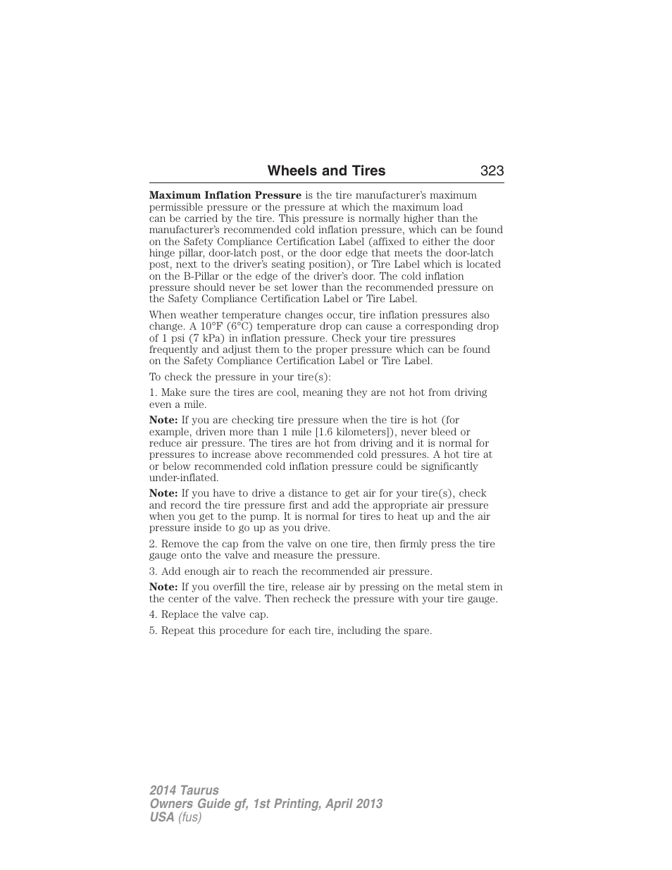 Wheels and tires 323 | FORD 2014 Taurus v.1 User Manual | Page 324 / 550