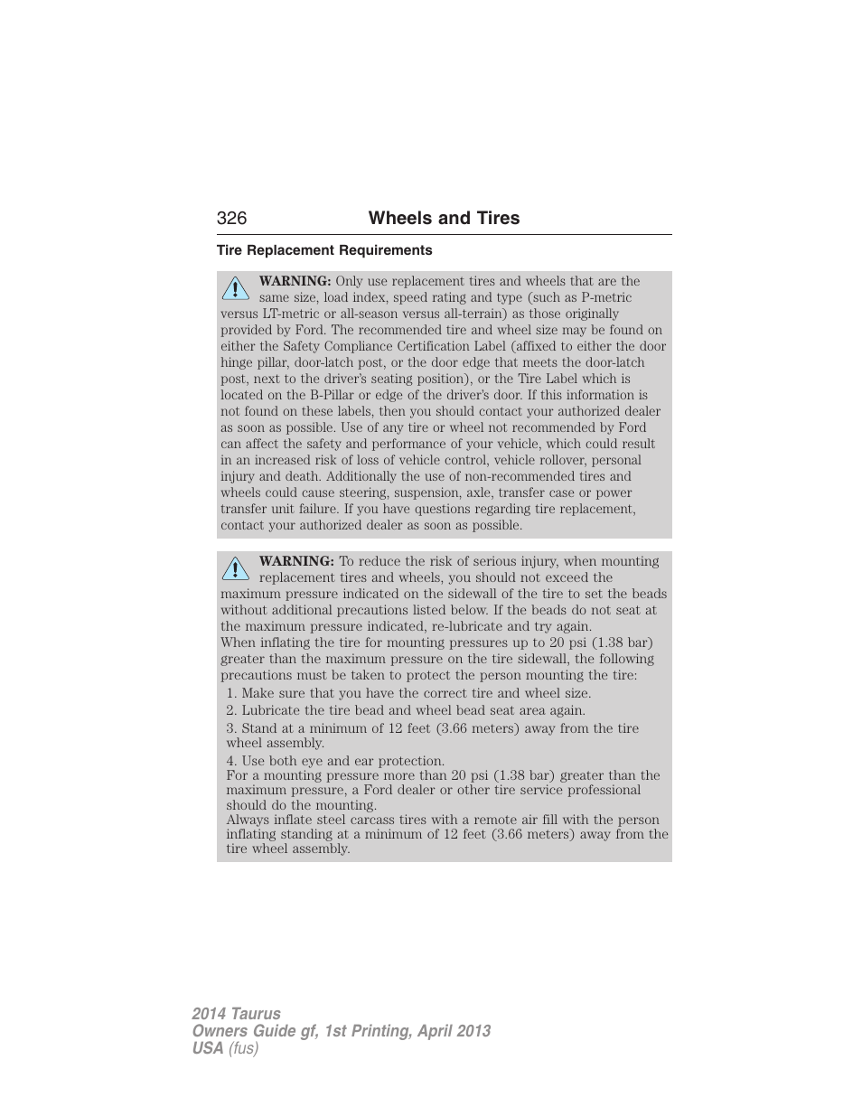 Tire replacement requirements, 326 wheels and tires | FORD 2014 Taurus v.1 User Manual | Page 327 / 550