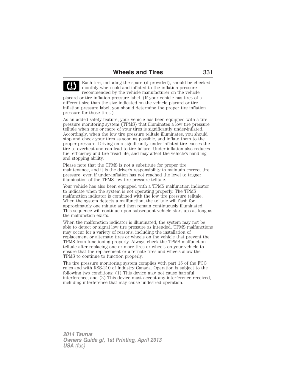 Wheels and tires 331 | FORD 2014 Taurus v.1 User Manual | Page 332 / 550